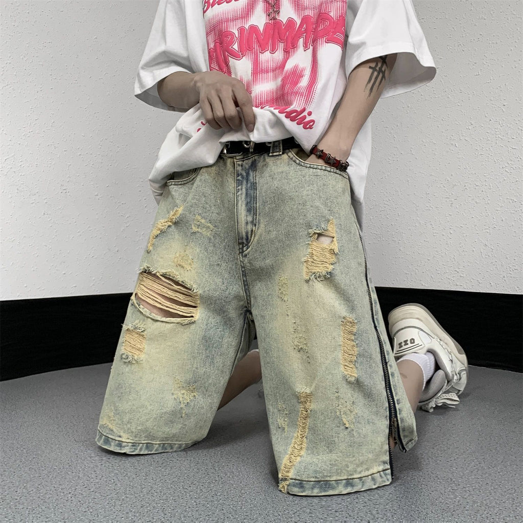 Retro Yellow Mud Ripped Denim Shorts Men's Loose Five Points