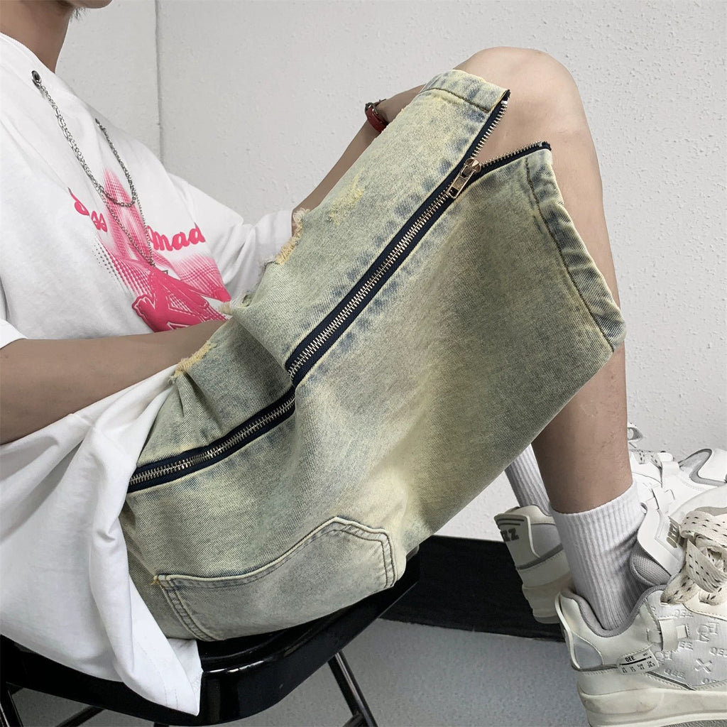 Retro Yellow Mud Ripped Denim Shorts Men's Loose Five Points