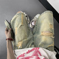 Retro Yellow Mud Ripped Denim Shorts Men's Loose Five Points