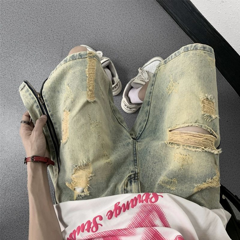 Retro Yellow Mud Ripped Denim Shorts Men's Loose Five Points