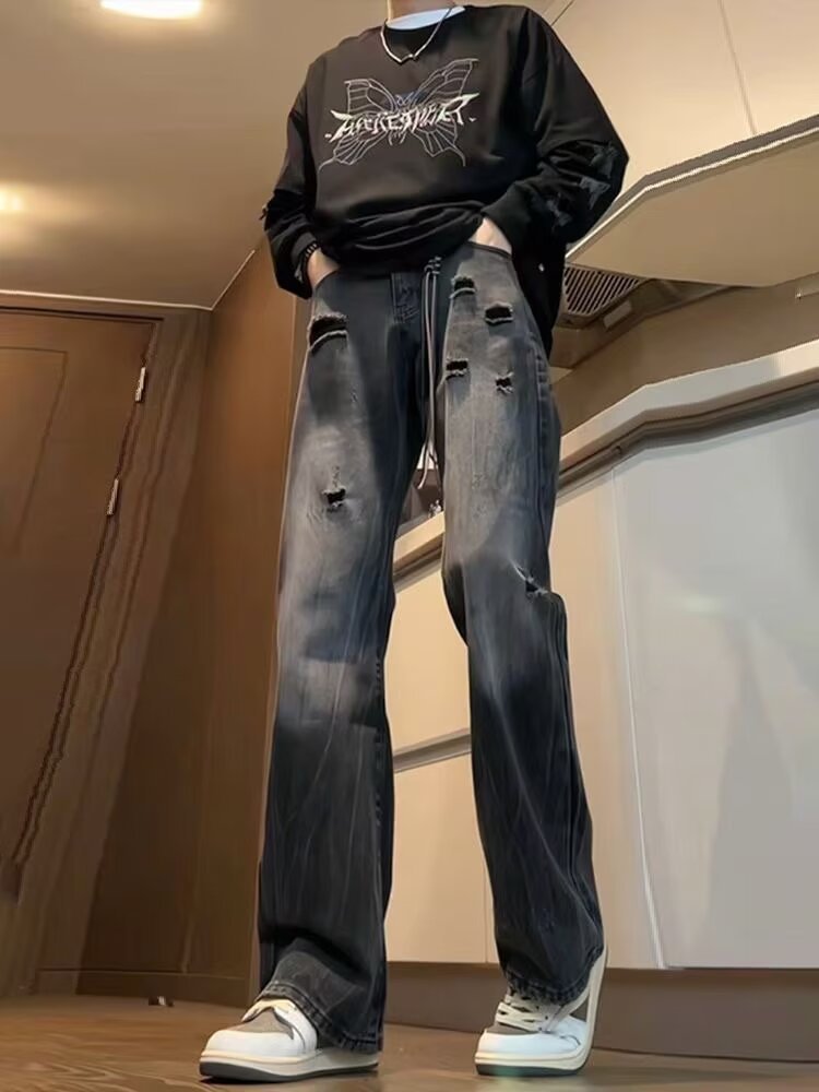 Washed Light Blue Ripped Jeans For Men