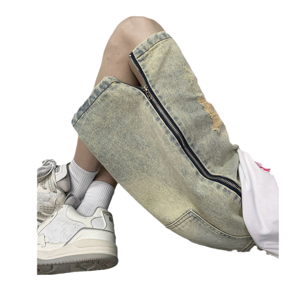 Retro Yellow Mud Ripped Denim Shorts Men's Loose Five Points