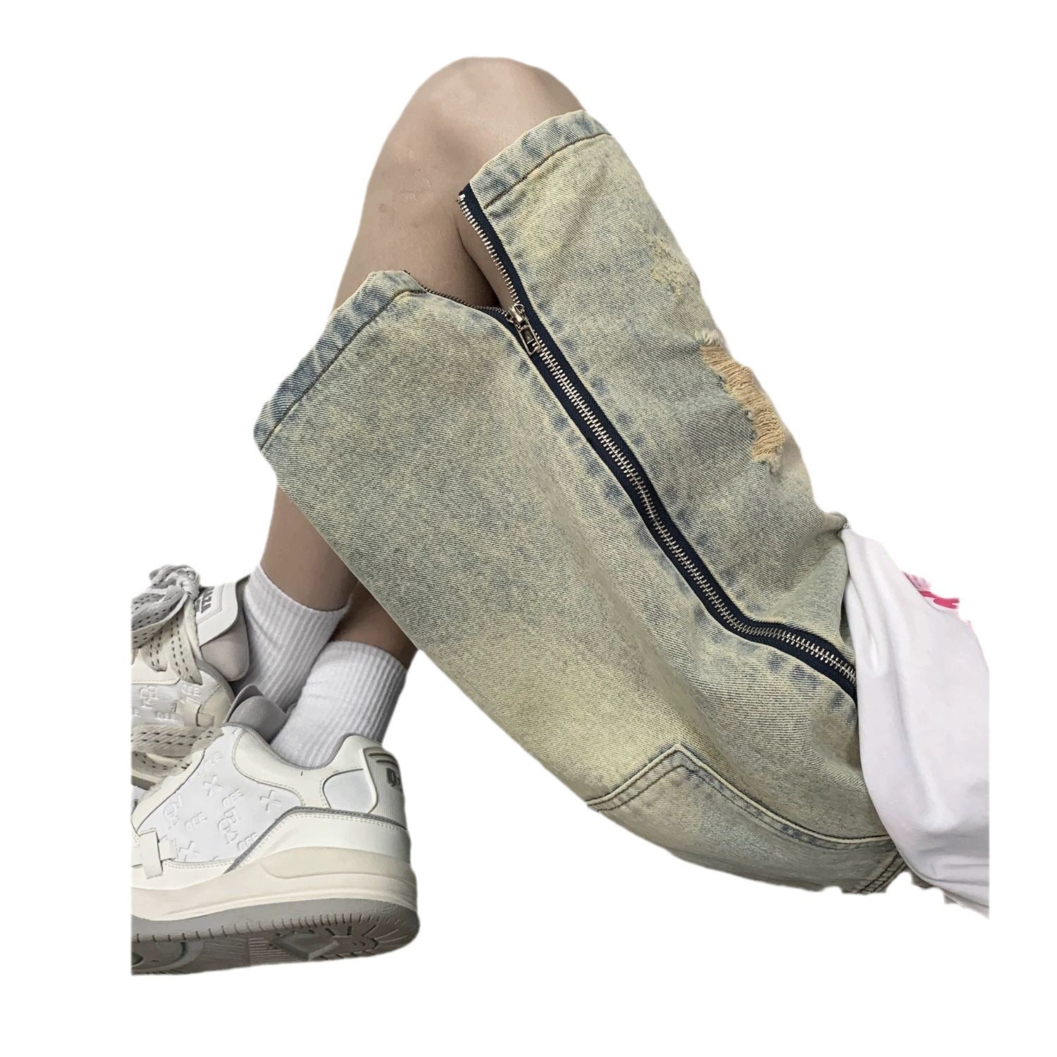 Retro Yellow Mud Ripped Denim Shorts Men's Loose Five Points